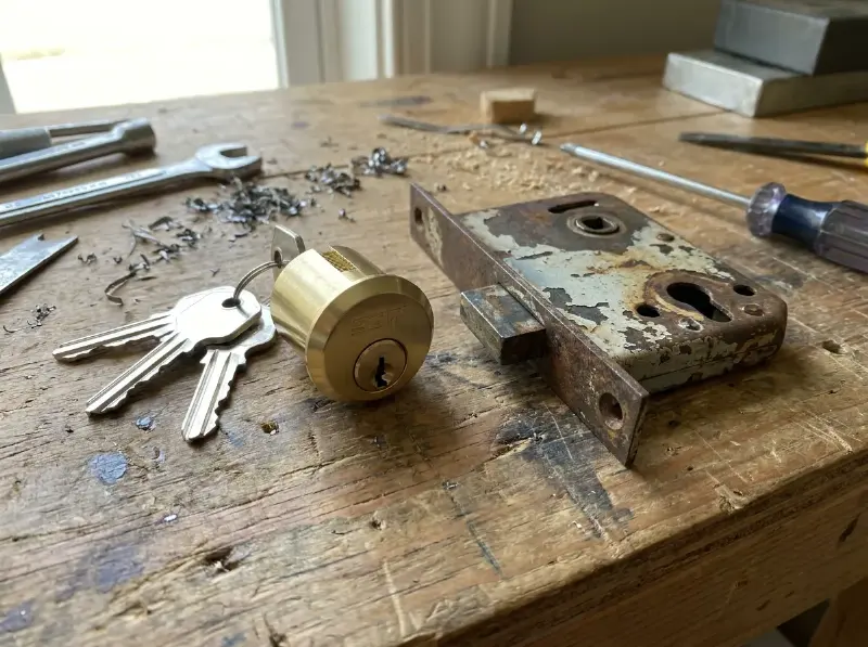 Nieuwe veiligheidscilinder met drie sleutels naast een oud slot op een werkbank