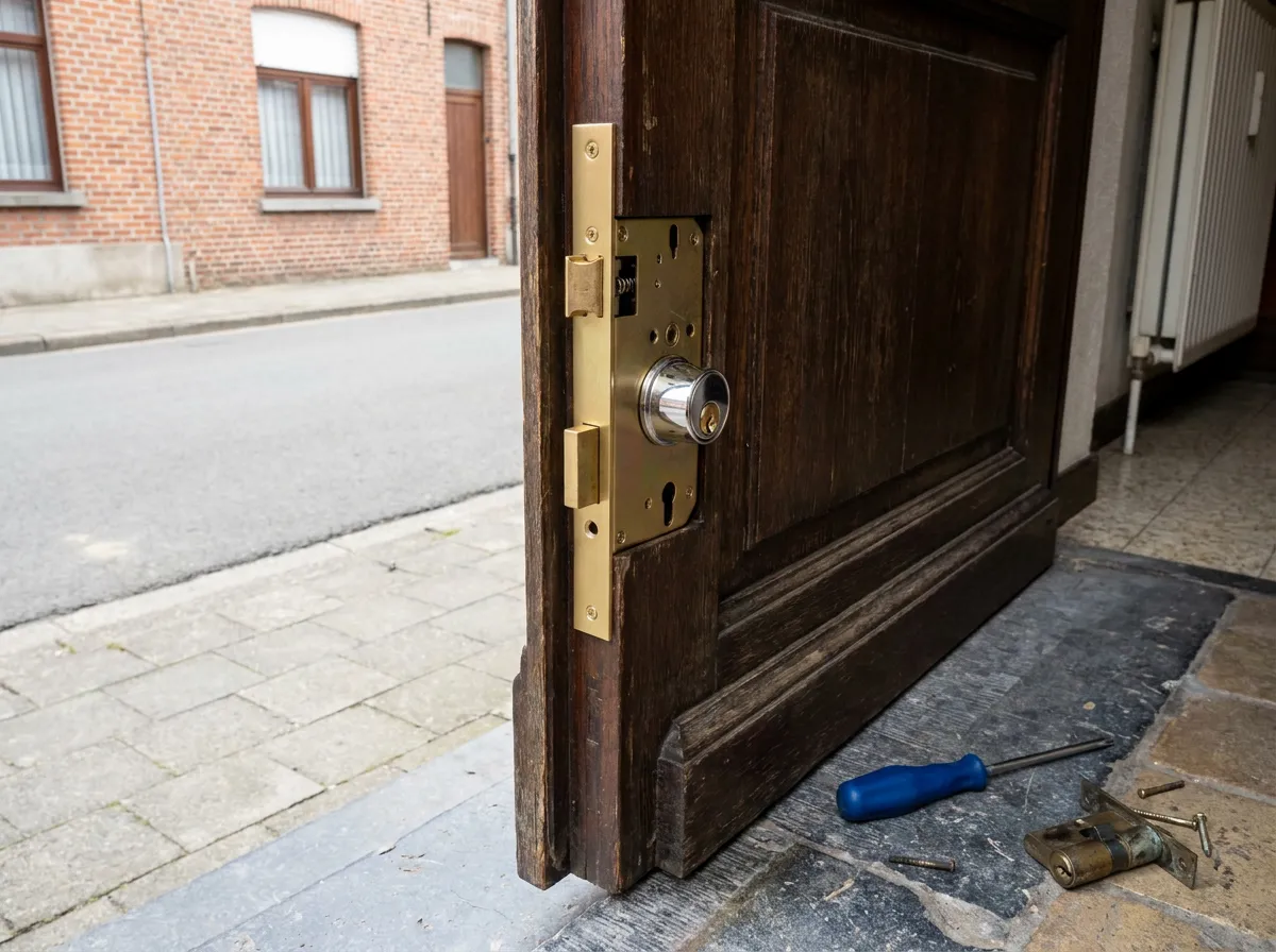 Houten voordeur waarvan het slot is vervangen door een nieuwe meerpuntssluiting met veiligheidscilinder, gereedschap op de drempel